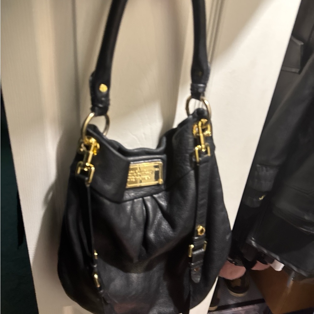 Marc Jacobs Black Leather Shoulder Bag with Gold Accents